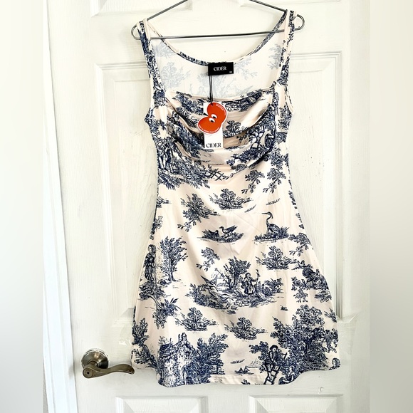 toile de jouy ruched mini dress CIDER Square Neck Toile De Jouy Ruched Mini Dress | High-Stretch Knit,  Floral Pattern